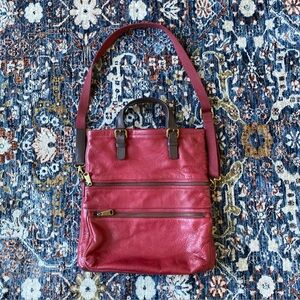 FOSSIL Large Red & Brown Leather EXPLORER FOLD-OVER Tote Crossbody 16x13